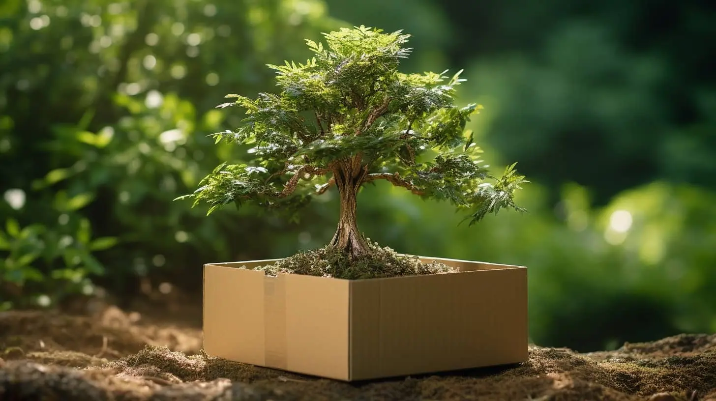 Un arbre prêt à planter qui est transporté dans un carton de déménagement